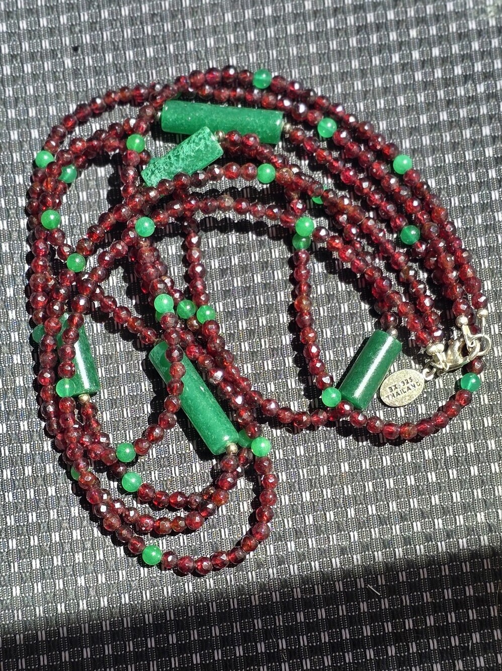 Stunning designer sparkling garnet and jade 925 sterling silver 36 inch double